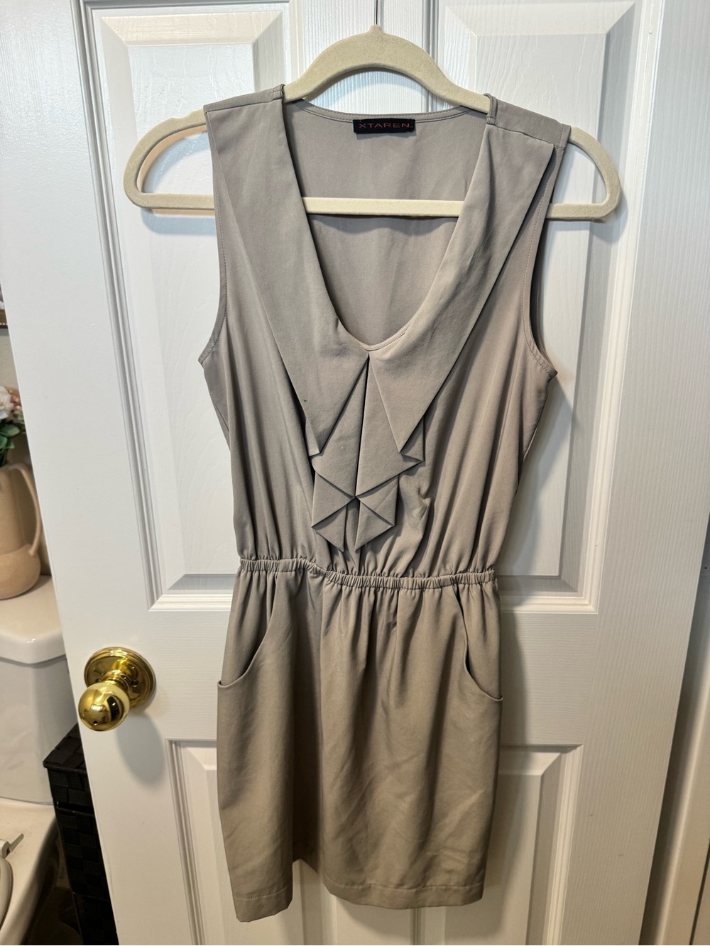 Xtaren Taupe Sleeveless Ruffle-Front Mini Dress